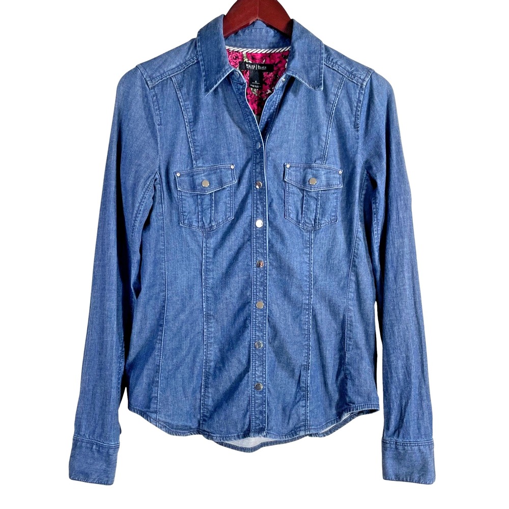 WHBM Denim Button Up Shirt Size 6 Snap Front Western Boho Cotton‎ Blend